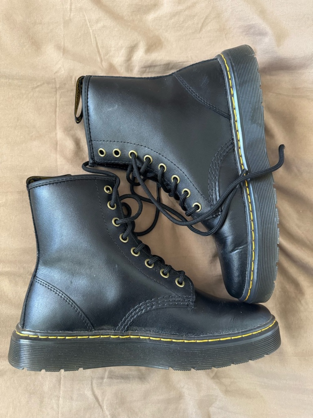 Dr. Martens Black Leather Lace-Up Boots with Yellow Stitching